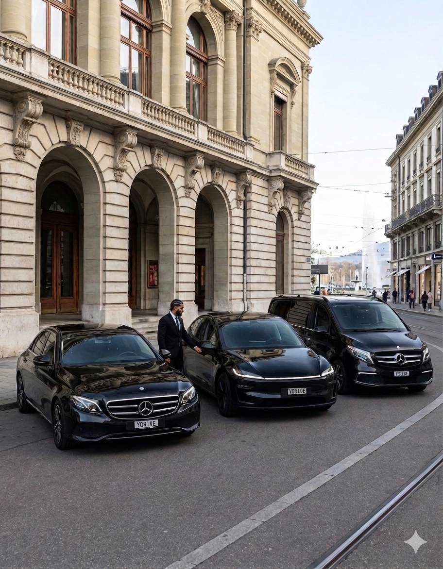 Chauffeur YDRIVE en costume ouvrant la portière d'une Tesla noire à Genève